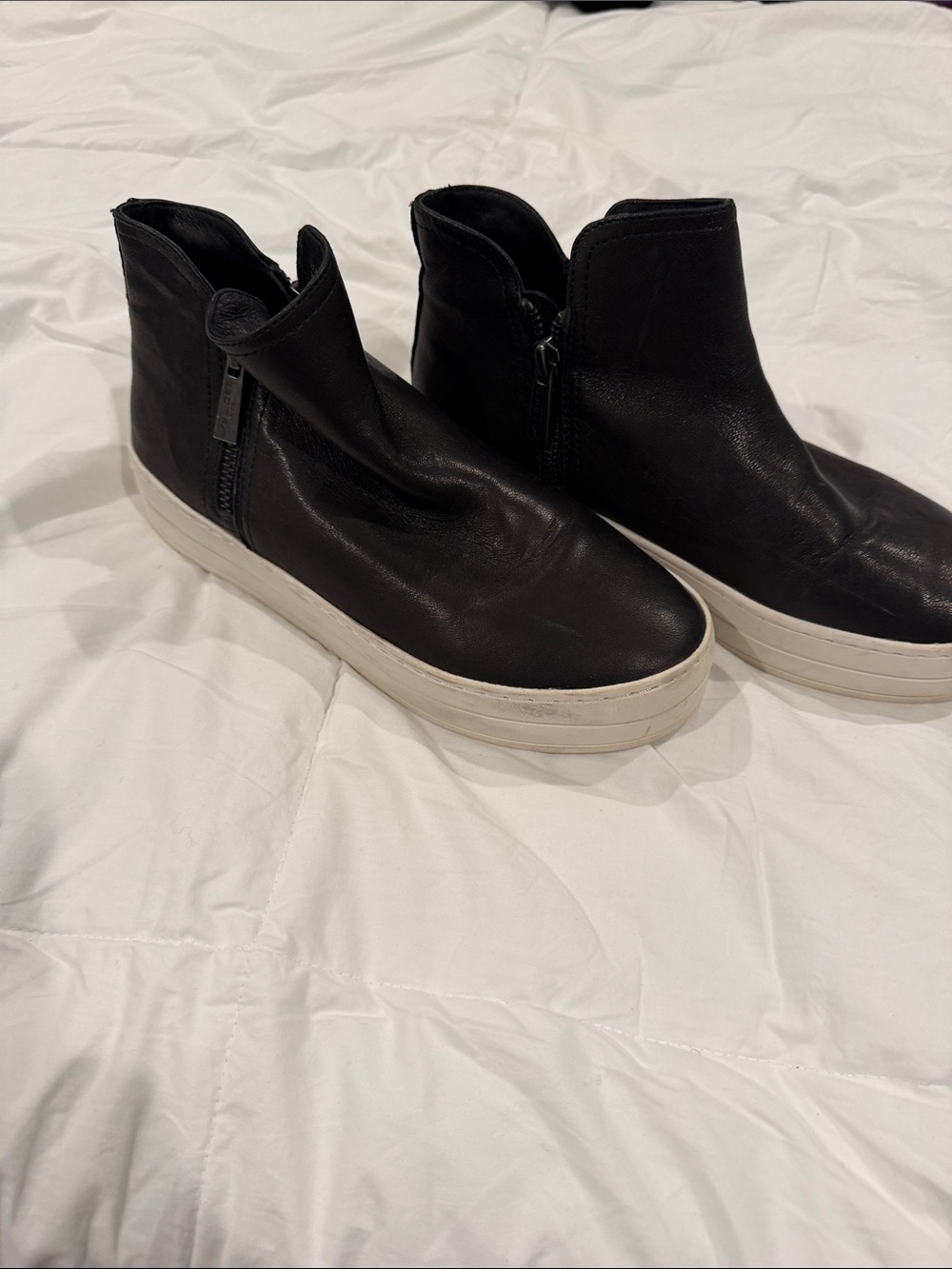 J/SLIDES Black Leather Ankle Booties with White Platform
